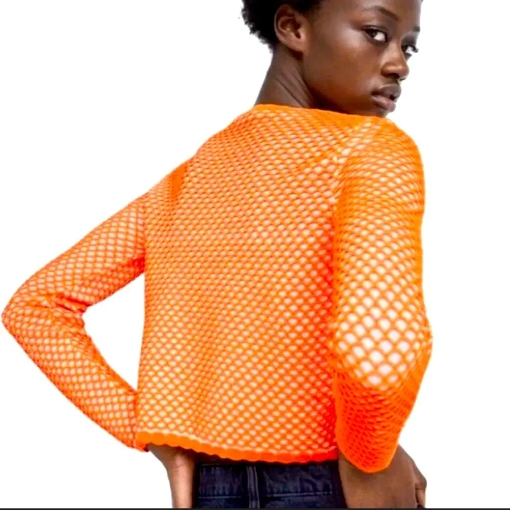 Zara neon fishnet semi sheer crop sweater s